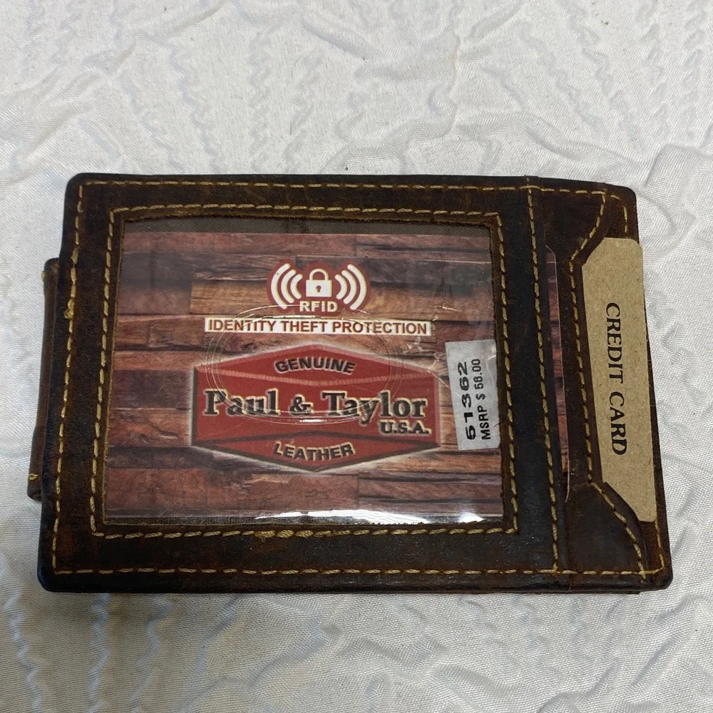 NWT Paul & Taylor RFID Brown Leather magnetic money clip Wallet with card slots